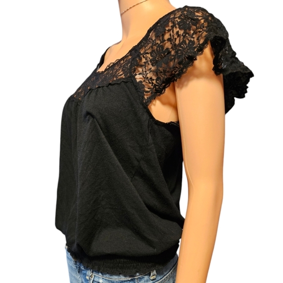 Womens y2k Lace Sleeve Tee w/Smocked Waist Sz M 2000s Fairygrunge Whimsigoth - Picture 3 of 11